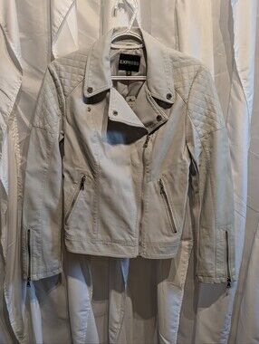 D3 Express Faux Leather Moto Jacket Gray Off White Cream Asymmetrical Medium